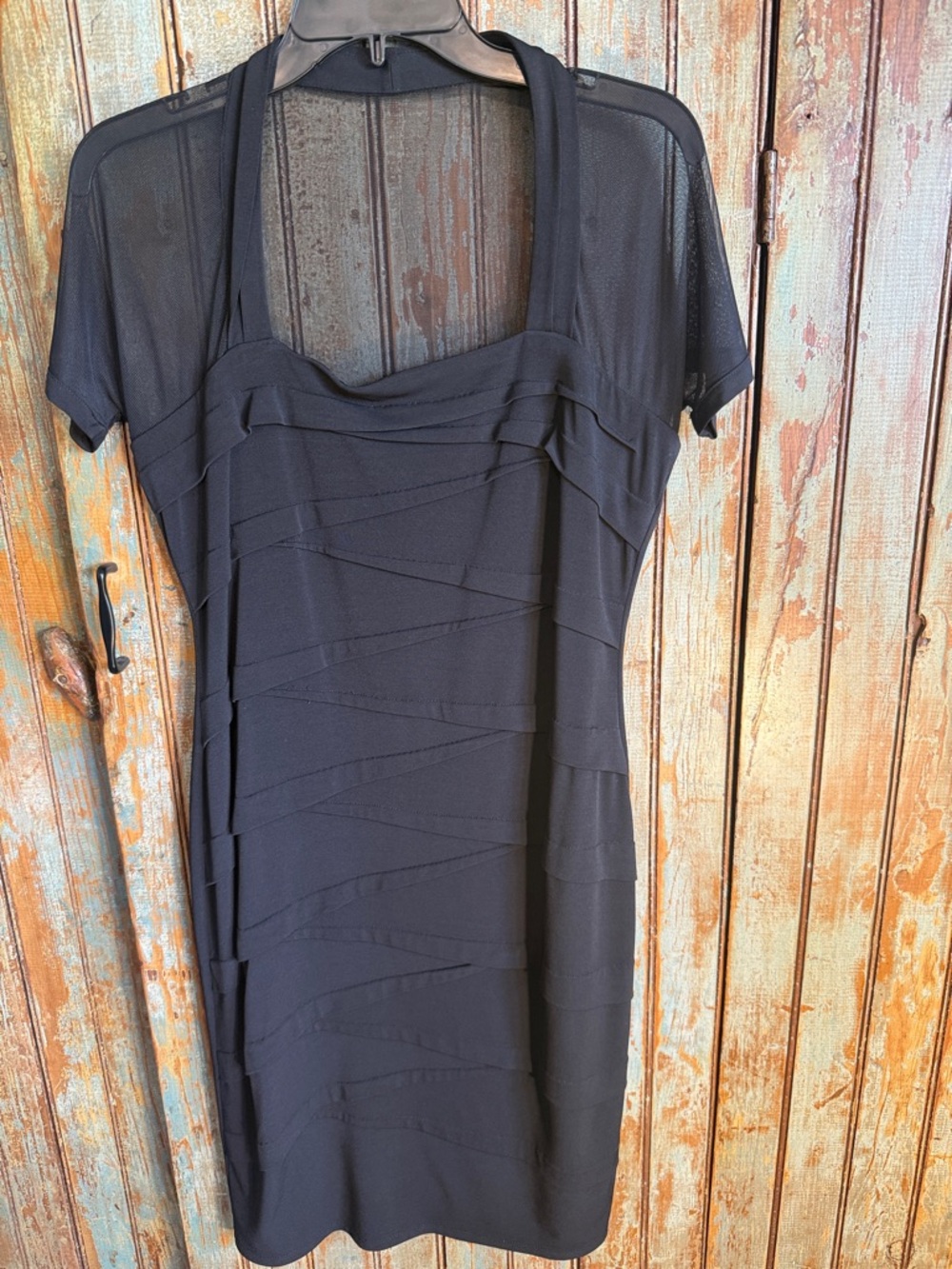 London Times Black Sheath Dress with Short Mesh Sleeves